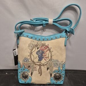 Brand New COWGIRL TRENDY Crossbody Western Eagle Messenger Bag Blue & Tan NWTs